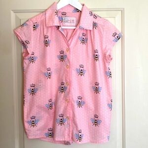 The Cats Pajamas S/S Soft Pink Button Up Queen Bee Print Size SMALL